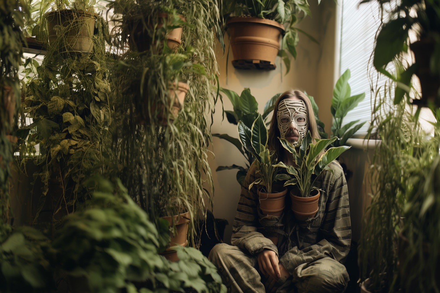 A masked figure sitting among houseplants, holding two potted plants